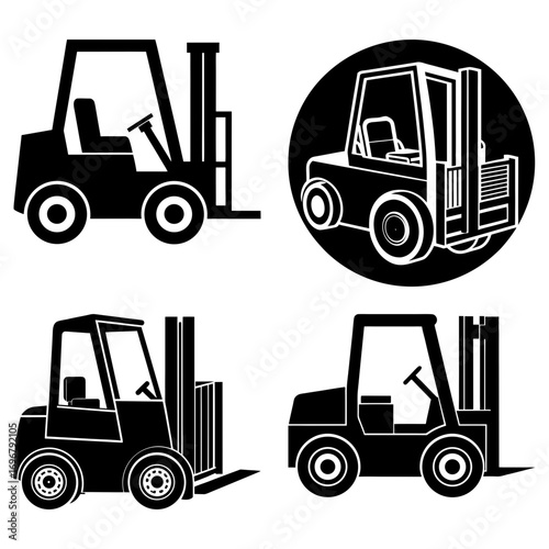 Four forklift illustrations in black and white showing industrial vehicles and material handling equipment