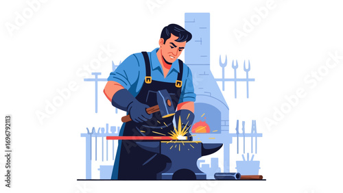 Crafting with Fire: Witness the focus of a dedicated artisan in a lively illustration, as a skilled person works with a hammer, meticulously shaping metal on an anvil within a well-equipped workshop.