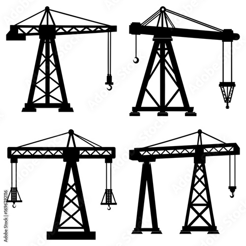 Silhouette illustration of four construction cranes with different hook and jib configurations seen from side