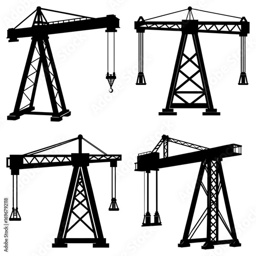 Silhouette illustration of four different construction cranes in various orientations and styles