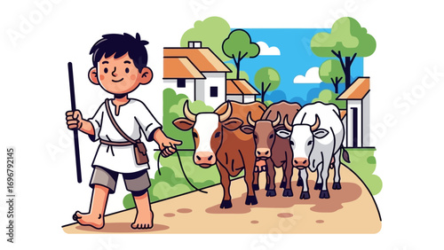 Rural Shepherd & Cows: A charming illustration of a young shepherd leading a small herd of cows along a village road, epitomizing pastoral simplicity and rural lifestyle.
