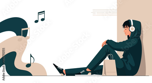 Serene Visualization: A Young Person Immersed in Music and Contemplation