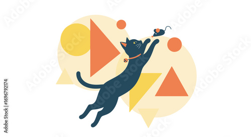 Playful Feline Chasing Rodent Amidst Geometric Shapes With Vibrant Colors