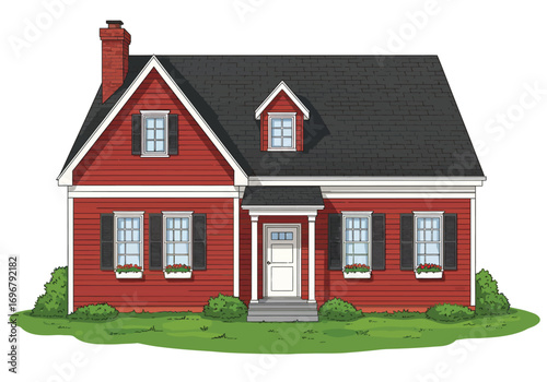 Charming red house with black roof and lush green bushes, isolated on white background, showcasing classic architecture and inviting curb appeal