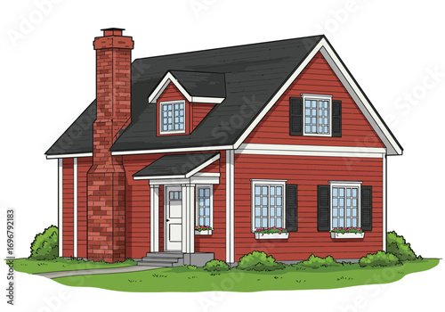 Charming red house with black roof and lush green bushes, isolated on white background, showcasing classic architecture and inviting curb appeal