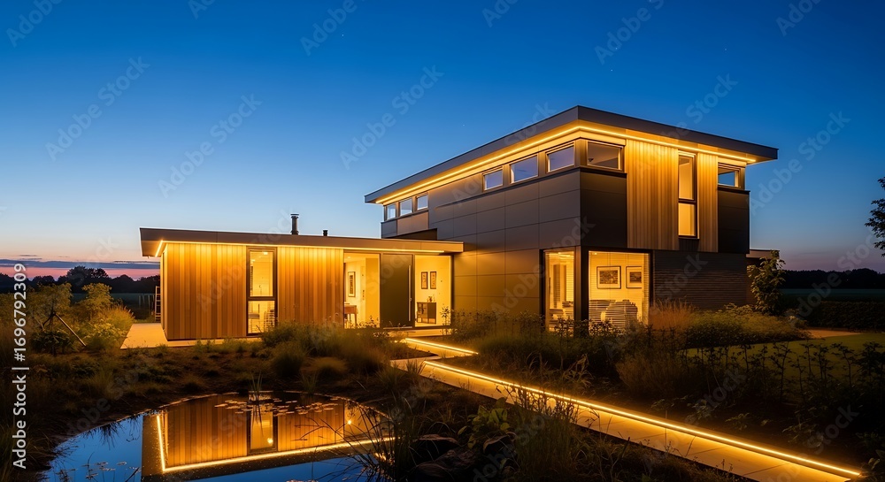 Obraz premium Modern Home Design at Dusk with Illuminated Walkway Concept