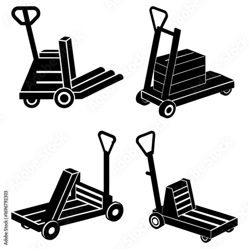Illustration of four hand pallet trucks in black and white with varying designs and configurations