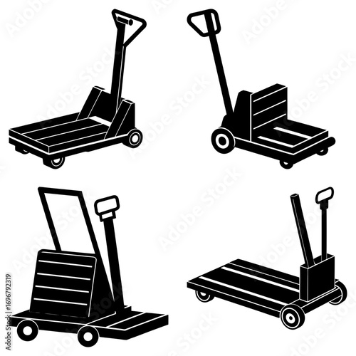Four black and white illustrations of different styles of hand trucks on a white background design