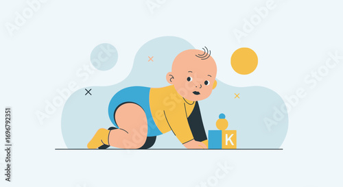 Playful Infant Crawling Towards Wooden Blocks While Exploring And Learning Actively