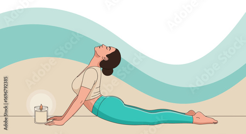 Serene Yoga Practice Depicted With Candle And Calming Artistic Wavy Background