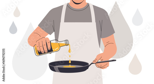 Pouring Oil: A Chef Preparing Food in A Kitchen, Culinary Illustration