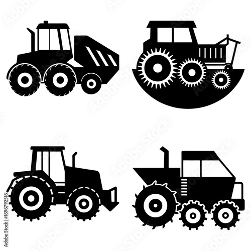 Four different black and white tractor silhouettes showing various agricultural and construction vehicles designs