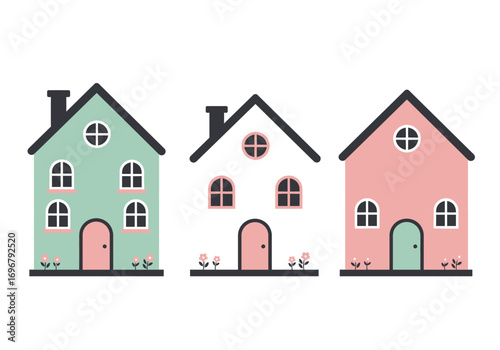 Collection of three whimsical houses in pastel colors, isolated on white background, each with unique design and playful charm for a delightful scene