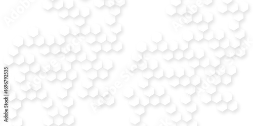 the geometric repetition and depth of the hexagonal grid, A pattern of white hexagon shapes arranged subtle shadows that create a three-dimensional, layered effect.