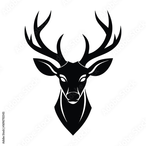 Stylized Black Deer Head with Antlers Facing Forward on White stag silhouette