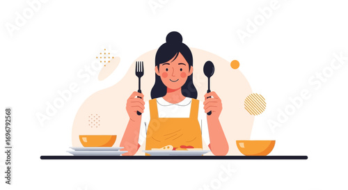 Prepared Woman Ready To Enjoy Meal With Utensils In A Modern Restaurant Or Dining Place