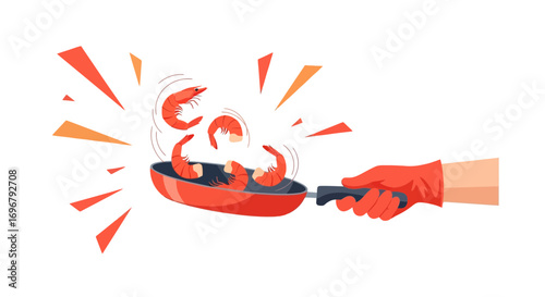 Shrimp Sizzling in Pan Rendered with Precision and Energetic Stylization