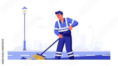 City Cleaning: A dedicated street cleaner diligently sweeps the city streets, reflecting a commitment to urban cleanliness and public service.