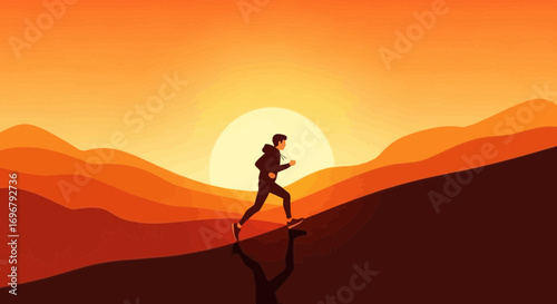 Silhouette Of Runner Ascending A Hill Towards The Sunset, Inspiring A Healthy Lifestyle
