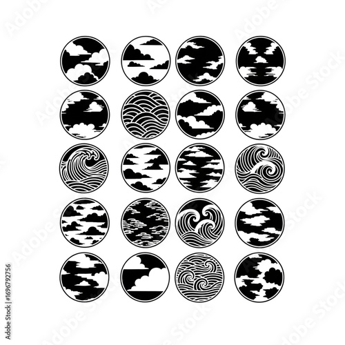 Japanese traditional clouds and waves vector icons set. Black and white circular minimalist Asian nature patterns collection.
