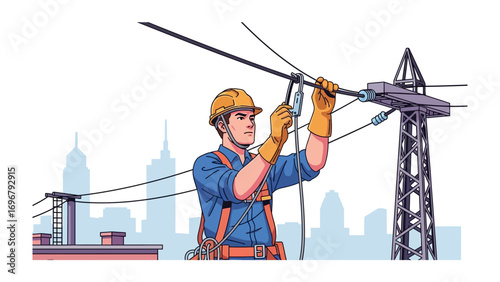 Electrician at Work: An electrician, adorned in a safety helmet and gloves, meticulously works with power lines, demonstrating precision and skill amidst an urban backdrop.