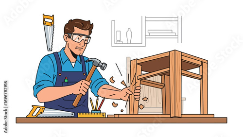 Crafting with Precision: A skilled artisan, adorned with safety goggles, expertly hammers a nail into a wooden frame, showcasing the craft of woodwork and creation of bespoke furniture.