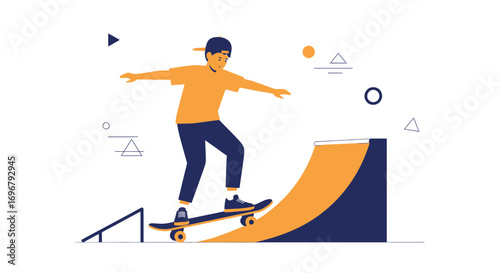 Skateboarder Performing Balancing Act on Ramp, Illustration of Urban Youth Activity