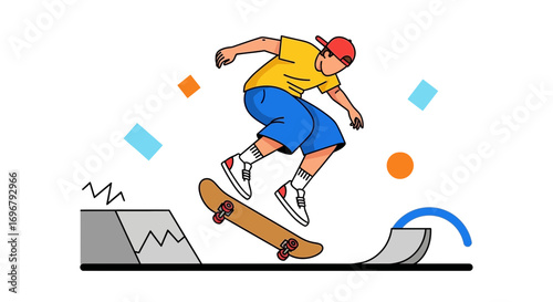 Skateboarder Performing Fun Trick on Ramp, Animated Illustration, Vector Style, Extreme Sports