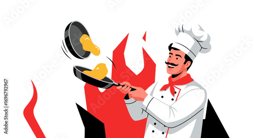 Professional Chef Skillfully Flipping Eggs In Pans During Cooking Procedure