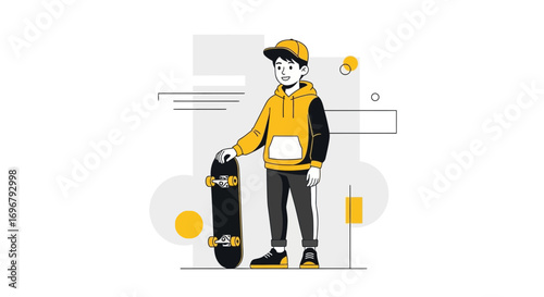 Skateboarder Stands With Skateboard In Urban Outfit In Minimalistic Illustration