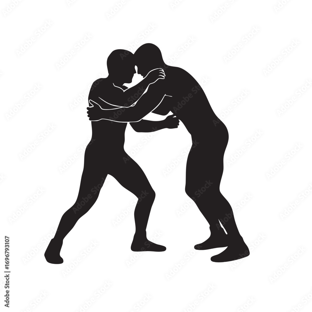Fototapeta premium Silhouette Vector Illustration of Two Wrestlers Engaged in Combat in Minimalist Black Style