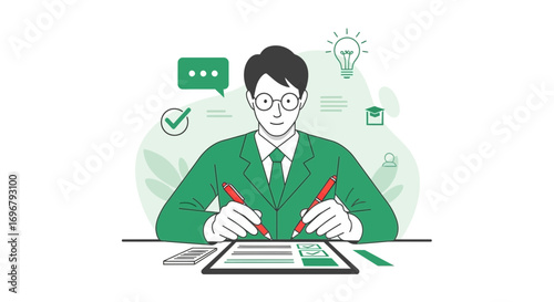 Professional Man Evaluating Data and Drafting Documents with a Modern Digital Design