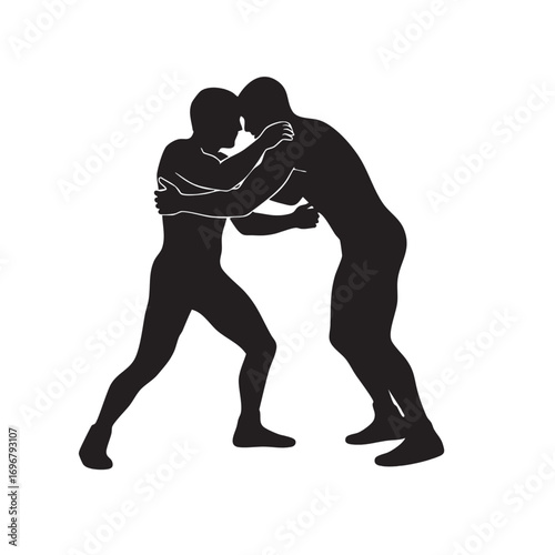 Silhouette Vector Illustration of Two Wrestlers Engaged in Combat in Minimalist Black Style