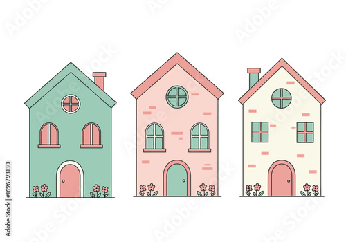 Collection of three whimsical houses in pastel colors, isolated on white background, each with unique design and playful charm for a delightful scene