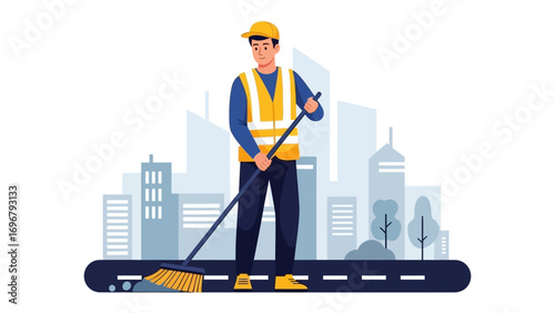 Cityscape Cleaner's Commitment: In a captivating illustration, a dedicated street cleaner embodies a spirit of diligence, wielding a broom on the edge of the city.