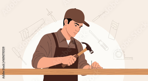 Skillful Carpenter Hitting Nail With Hammer on Wood Surface, Workshop Tools