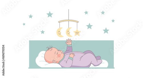 Sleeping Baby Dreams Under Celestial Stars and Moon Mobile With Cute Illustrations