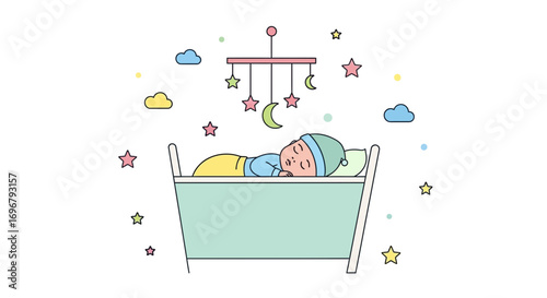 Sleeping Baby Surrounded By Celestial Decorations In A Peaceful Nursery Scene