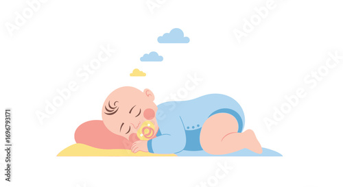 Sleeping Infant in Blue Outfit, Dreaming of Gentle Clouds, Sweet Childhood Illustration