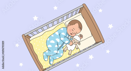 Sleeping Baby Hugging Stuffed Animal Inside Crib Surrounded By Stars On Pastel Background