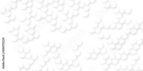 the geometric repetition and depth of the hexagonal grid, A pattern of white hexagon shapes arranged subtle shadows that create a three-dimensional abstract design.