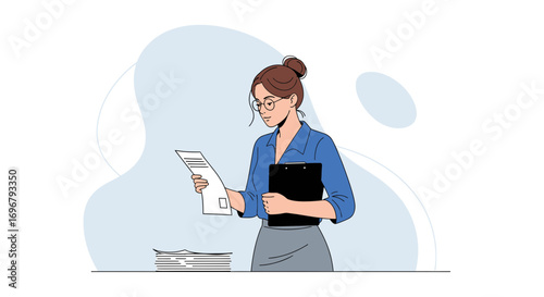 Professional Woman Analyzing Documents and Holding a Clipboard for Business Procedures
