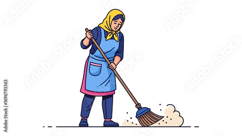 Daily Sweep: A woman in a headscarf meticulously sweeps a floor, showcasing the grace and simplicity of everyday chores, creating a visually engaging illustration.