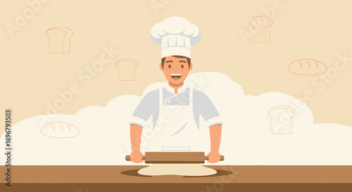 Smiling Baker Rolling Dough, Preparing Fresh Bread, Culinary Arts, Baking Concept Image