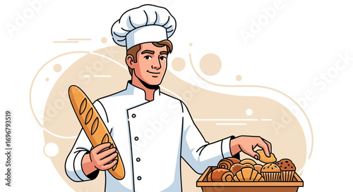 Smiling Baker Presenting Baked Goods in a Bakery Setting with Fresh Baguette and Pastries