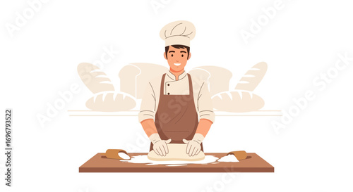 Smiling Baker Kneading Dough, Crafting Fresh Bread with Artistic Flair, Bakery Illustration