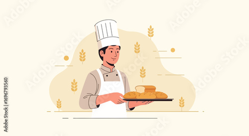 Smiling Baker Showcasing Freshly Baked Bread in Whimsical Modern Illustration