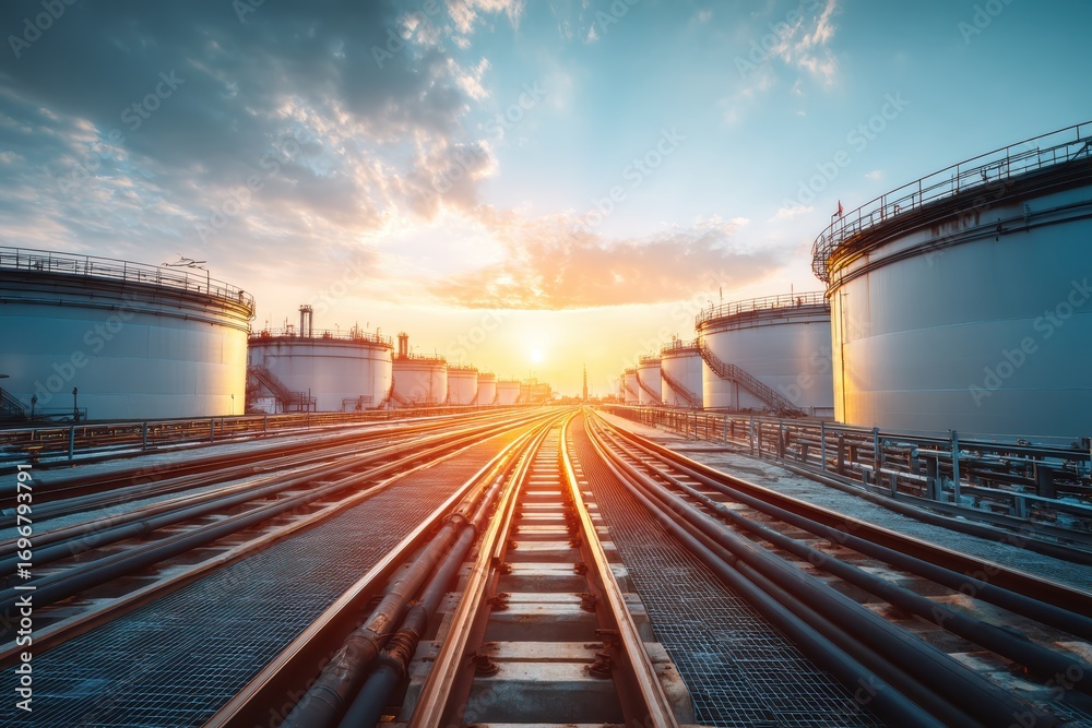 Fototapeta premium Industrial storage tanks and pipelines stretch toward the horizon at sunrise, highlighting infrastructure and energy production