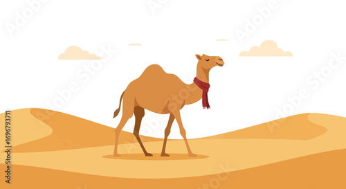 Smiling Camel Walking Across Desert Dunes, Perfect for Vector Art and Illustration Designs