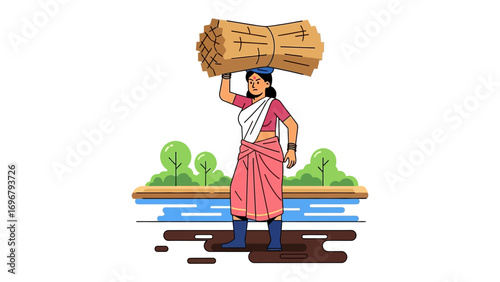 Rural Resilience: A woman embodies strength and determination as she carries a bundle, symbolizing the spirit of a rural community and the dignity of hard work.